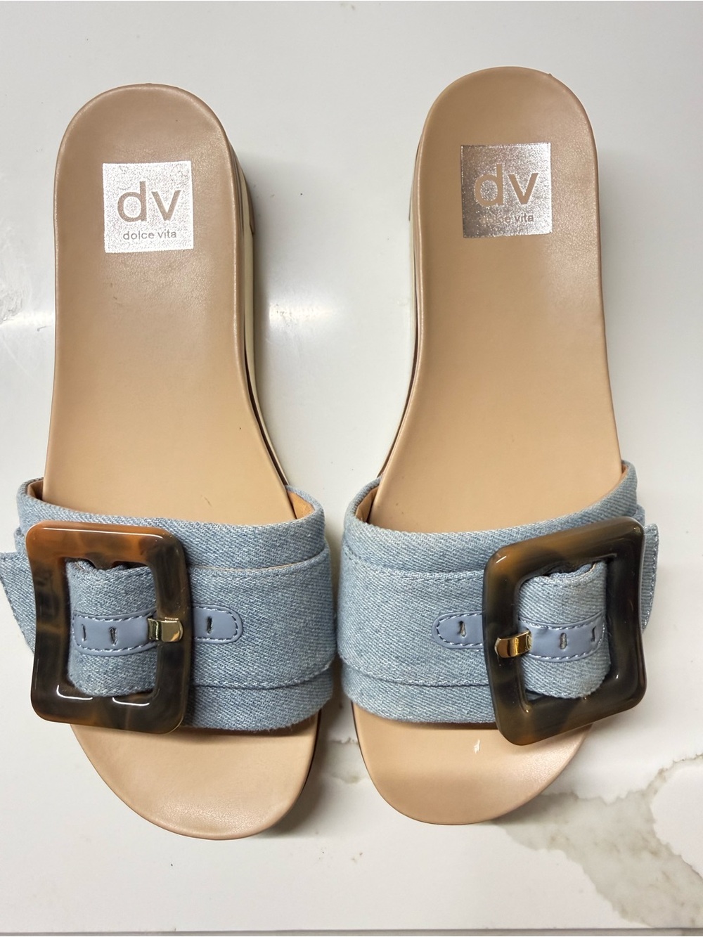 Dolce Vita Light Blue Denim Slide Mules with Tortoiseshell Buckle